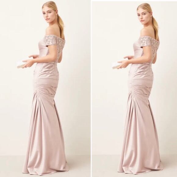 NWOT La Femme Off the Shoulder Beaded Satin Trumpet Gown in Champagne - Picture 1 of 11